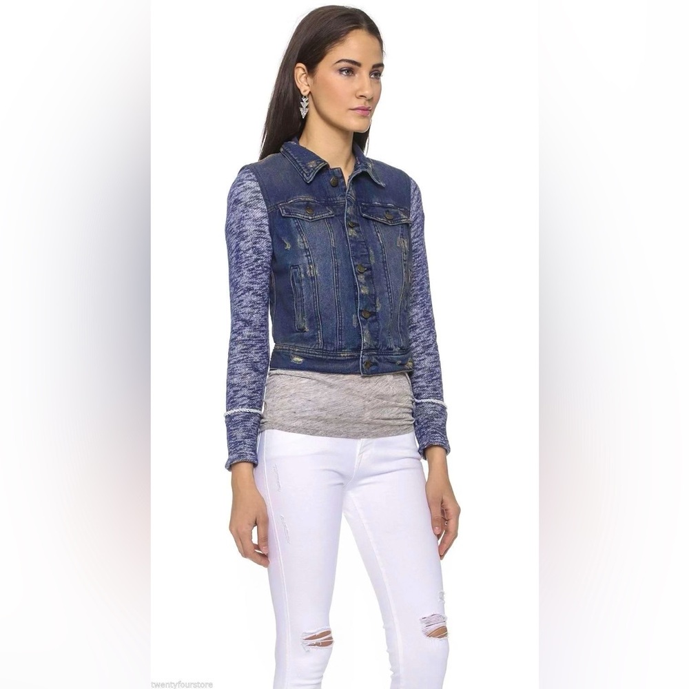 Free People Mixed Media Denim Jacket-navy - Picture 3 of 12
